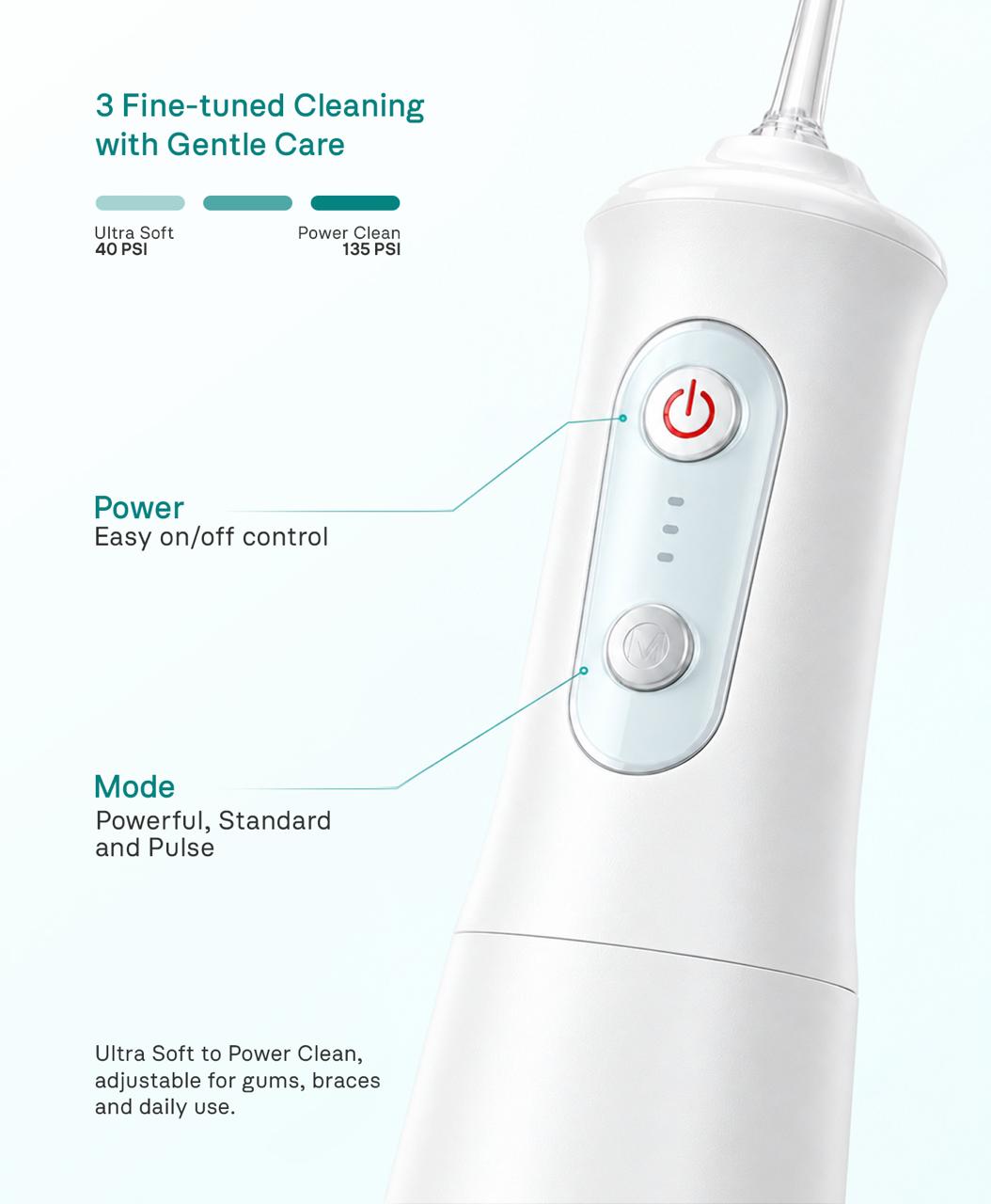 Close-up of white Oralux water flosser controls