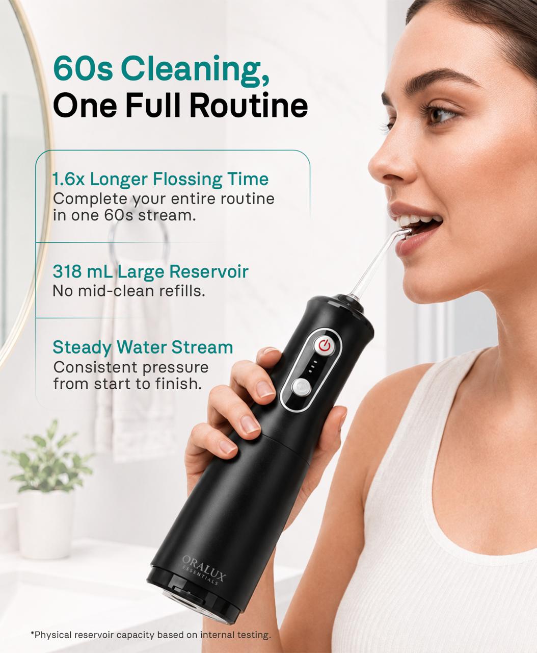 Person using an Oralux water flosser at home