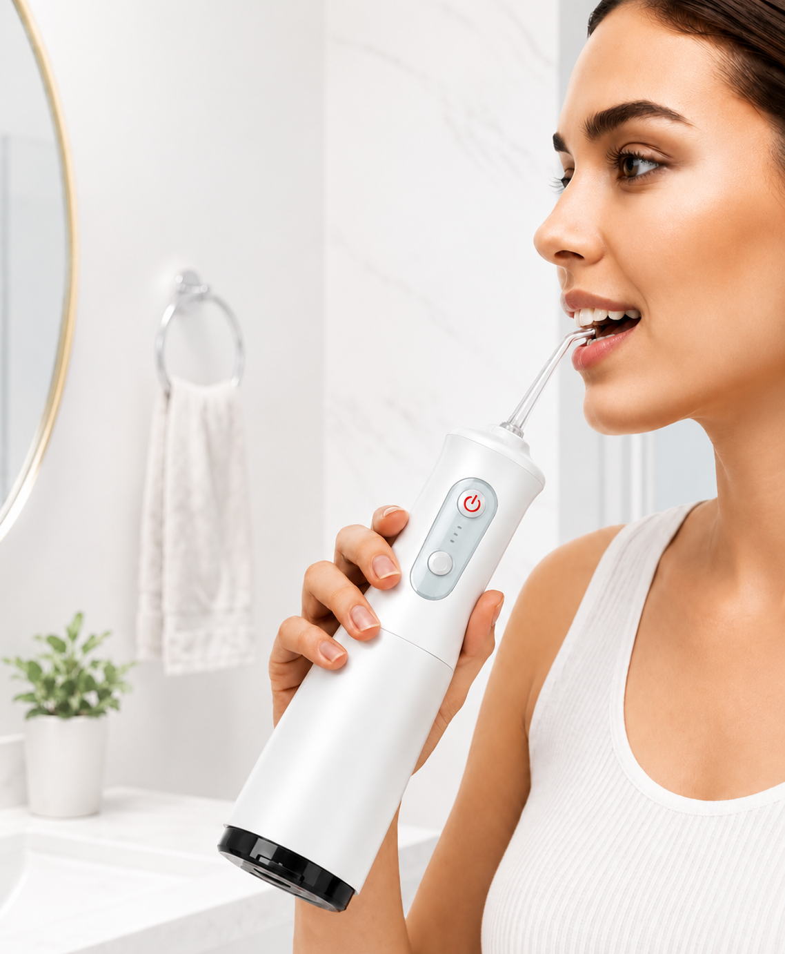 Person using an Oralux white water flosser in a bright bathroom